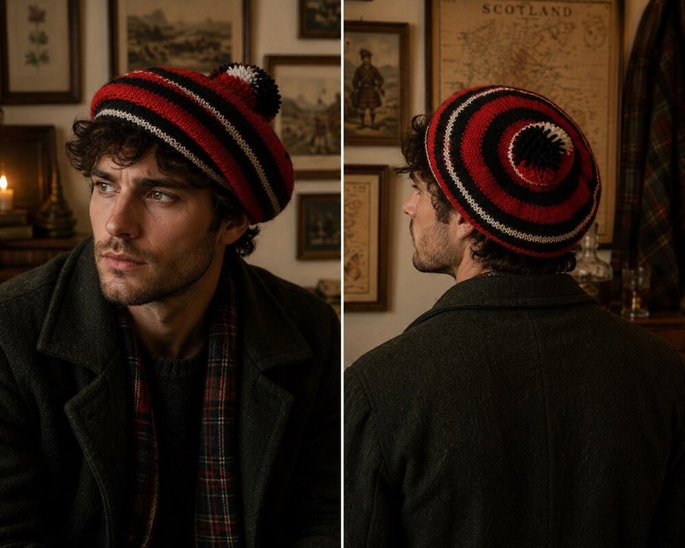 Vintage McKinnon Pure New Wool Beret Hat Red Black Stripe Pom Scotland